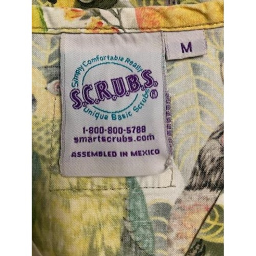 S.C.R.U.B.S. Womens Parrot Tropical Print Scrub Top V-Neck Cotton Green Yellow M - Picture 6 of 7